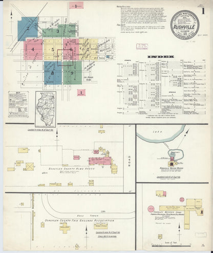 Sanborn Fire Insurance Map from Rushville, Schuyler County, Illinois (1913), Sheet #0001 - Complete Map Set gallery image, historic Sanborn map, vintage wall art, Illinois Illinois