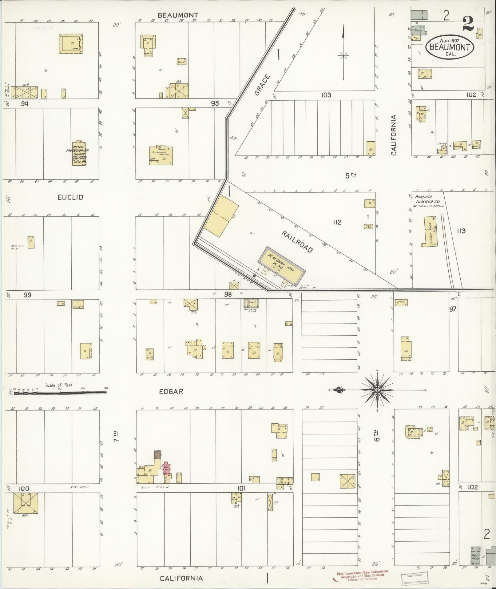 Sanborn Fire Insurance Map from Beaumont, Riverside County, California (1907), Sheet #0002 - Historic Sanborn Fire Insurance Map Print, vintage old map wall art, antique decor, genealogy gift, California California map