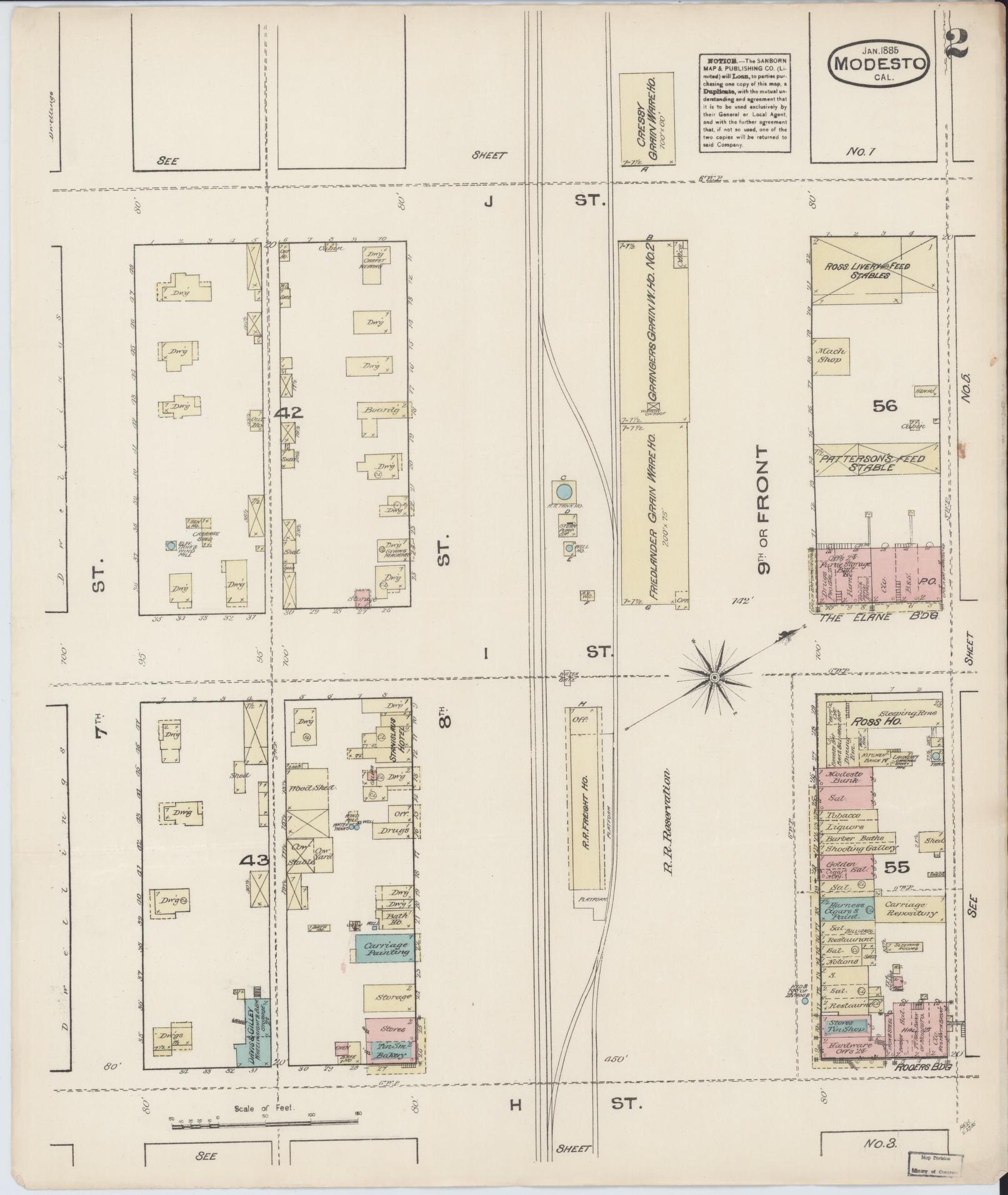 Sanborn Fire Insurance Map from Modesto, Stanislaus County, California (1885), Sheet #0002 - Complete Map Set gallery image, historic Sanborn map, vintage wall art, California California