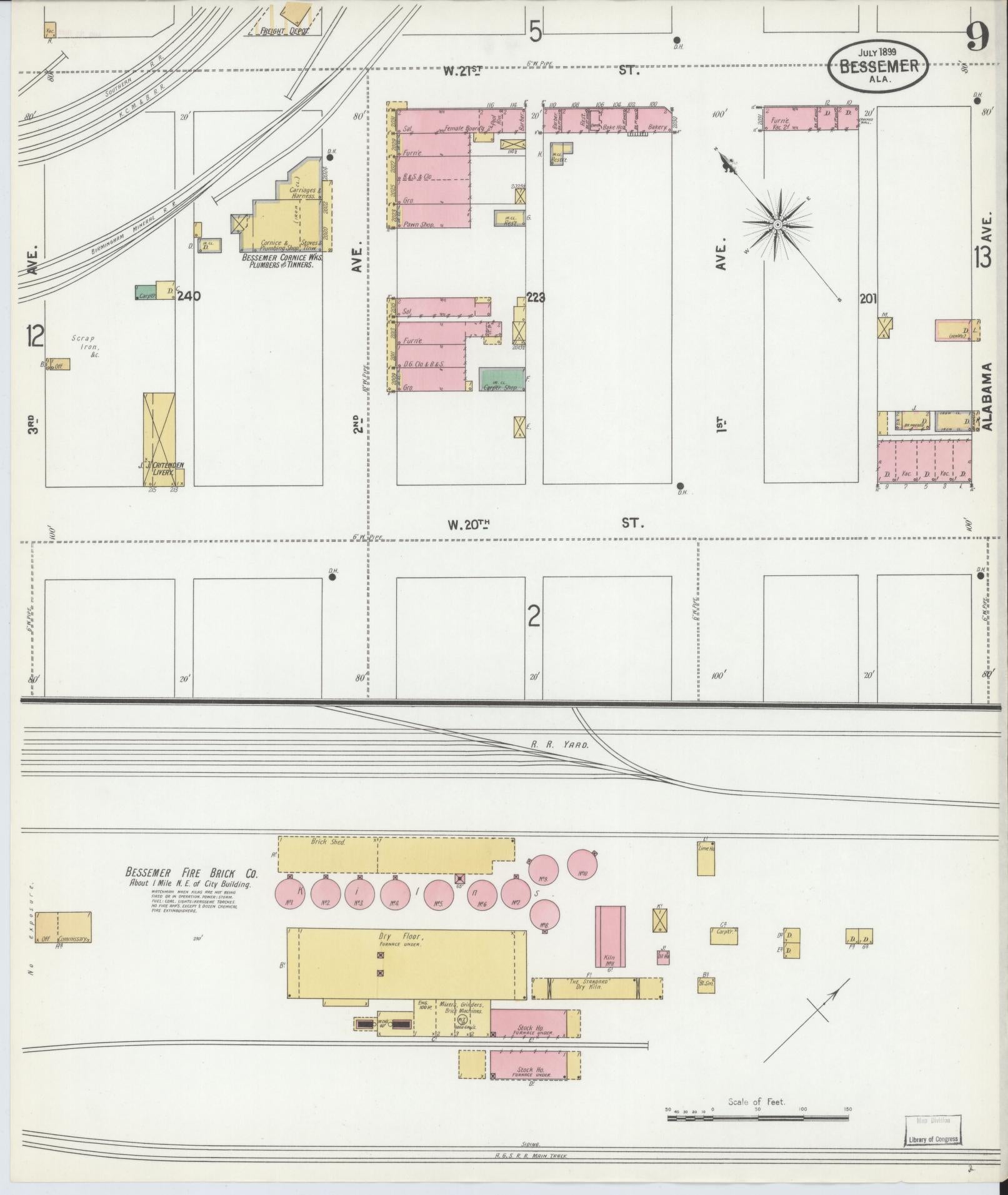 Sanborn Fire Insurance Map from Bessemer, Jefferson County, Alabama (1899), Sheet #0009 - Historic Sanborn Fire Insurance Map Print, vintage old map wall art, antique decor, genealogy gift, Alabama Alabama map