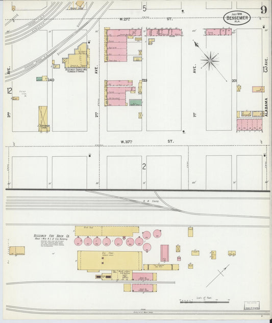 Sanborn Fire Insurance Map from Bessemer, Jefferson County, Alabama (1899), Sheet #0009 - Historic Sanborn Fire Insurance Map Print, vintage old map wall art, antique decor, genealogy gift, Alabama Alabama map