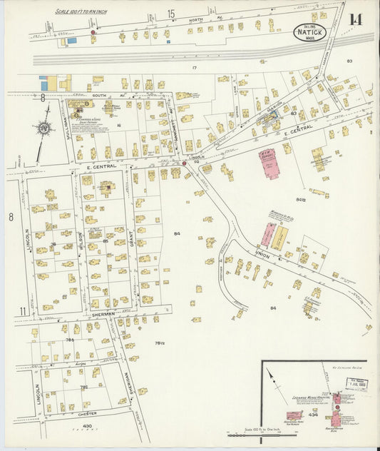 Sanborn Fire Insurance Map from Natick, Middlesex County, Massachusetts (1915), Sheet #0014 - Historic Sanborn Fire Insurance Map Print, vintage old map wall art, antique decor, genealogy gift, Massachusetts Massachusetts map