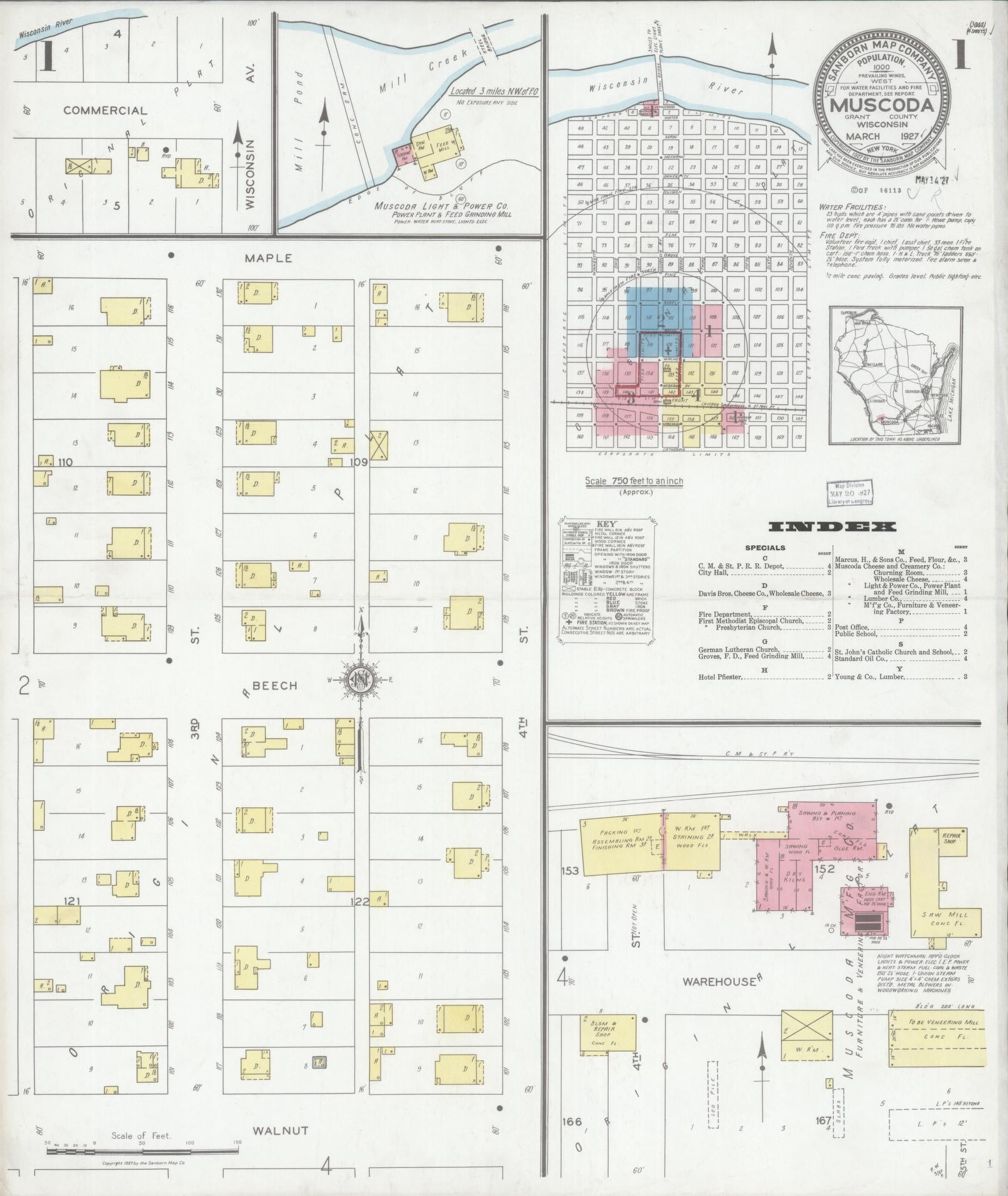 Sanborn Fire Insurance Map from Muscoda, Grant County, Wisconsin (1927), Sheet #0001 - Complete Map Set gallery image, historic Sanborn map, vintage wall art, Wisconsin Wisconsin