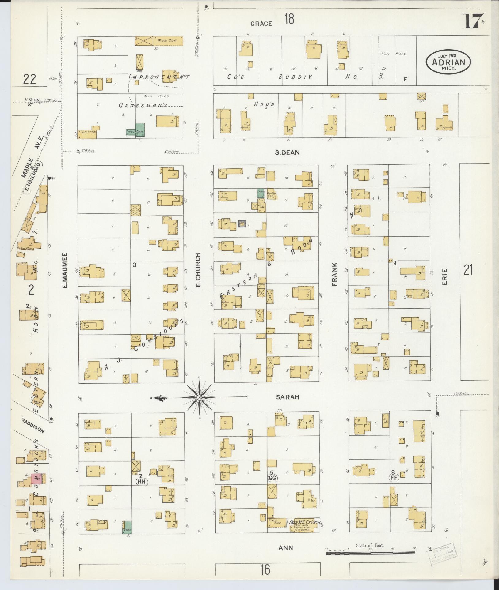 Sanborn Fire Insurance Map from Adrian, Lenawee County, Michigan (1908), Sheet #0017 - Historic Sanborn Fire Insurance Map Print, vintage old map wall art, antique decor, genealogy gift, Michigan Michigan map