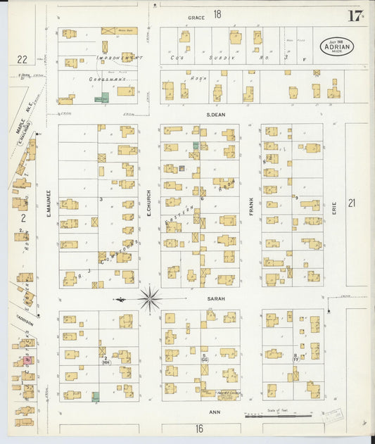 Sanborn Fire Insurance Map from Adrian, Lenawee County, Michigan (1908), Sheet #0017 - Historic Sanborn Fire Insurance Map Print, vintage old map wall art, antique decor, genealogy gift, Michigan Michigan map