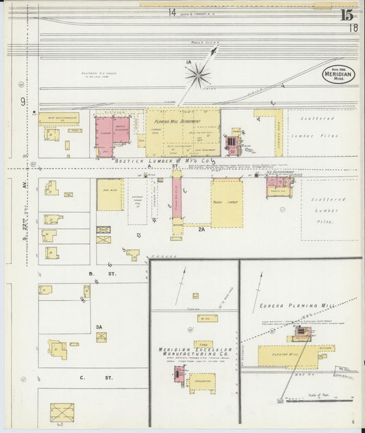 Sanborn Fire Insurance Map from Meridian, Lauderdale County, Mississippi (1906), Sheet #0015 - Historic Sanborn Fire Insurance Map Print, vintage old map wall art, antique decor, genealogy gift, Mississippi Mississippi map