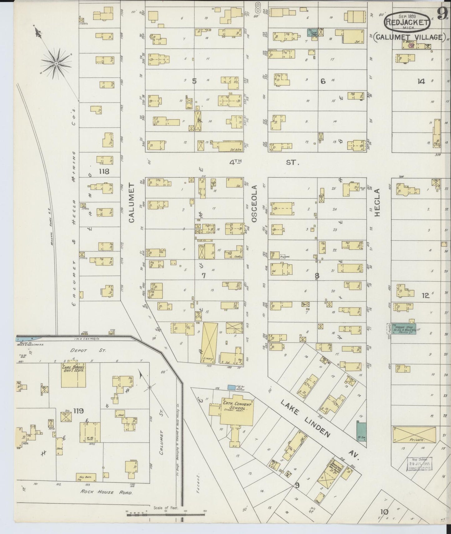 Sanborn Fire Insurance Map from Red Jacket, Houghton County, Michigan (1893), Sheet #0009 - Complete Map Set gallery image, historic Sanborn map, vintage wall art, Michigan Michigan