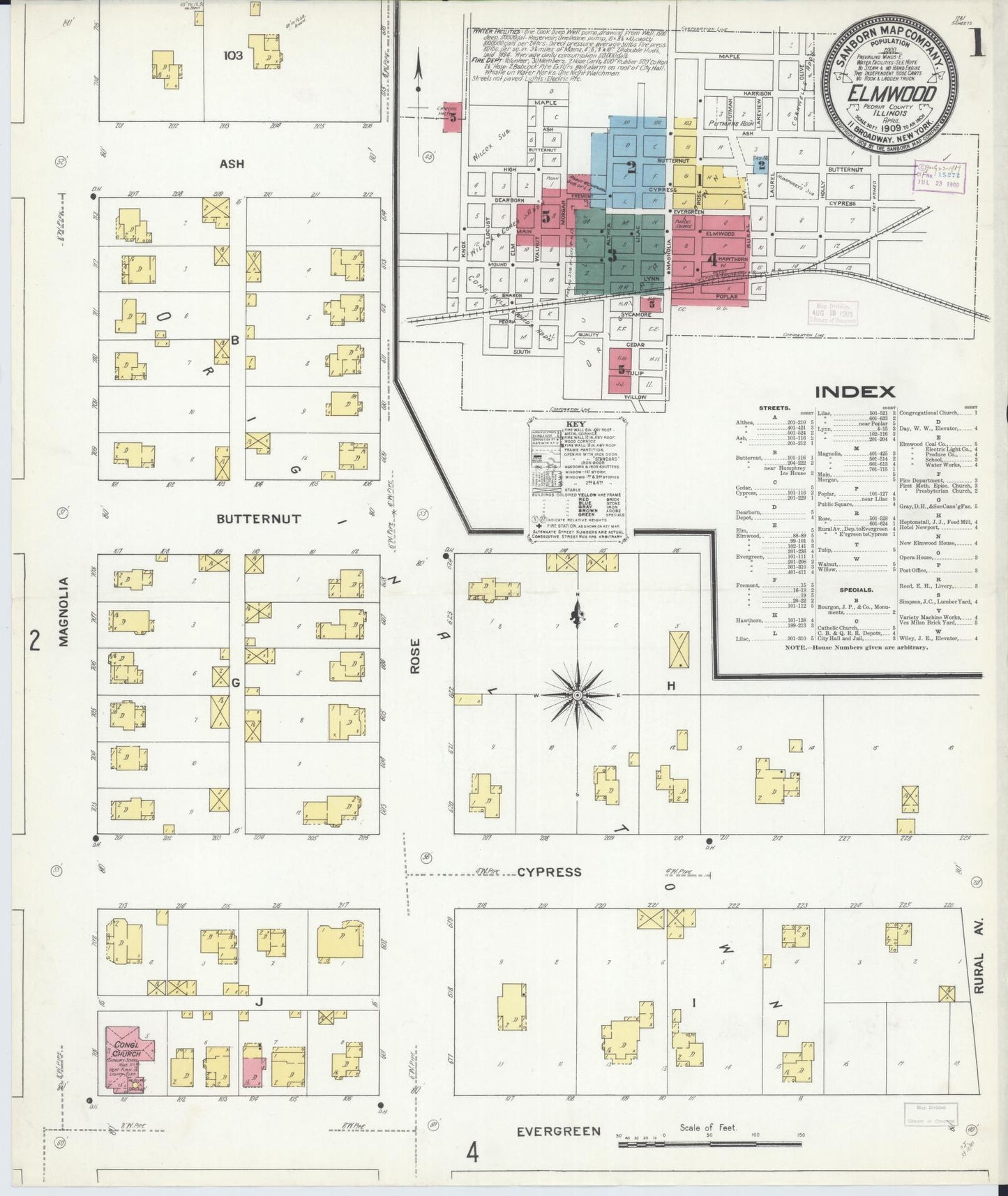 Sanborn Fire Insurance Map from Elmwood, Peoria County, Illinois (1909), Sheet #0001 - Historic Sanborn Fire Insurance Map Print, vintage old map wall art, antique decor, genealogy gift, Illinois Illinois map
