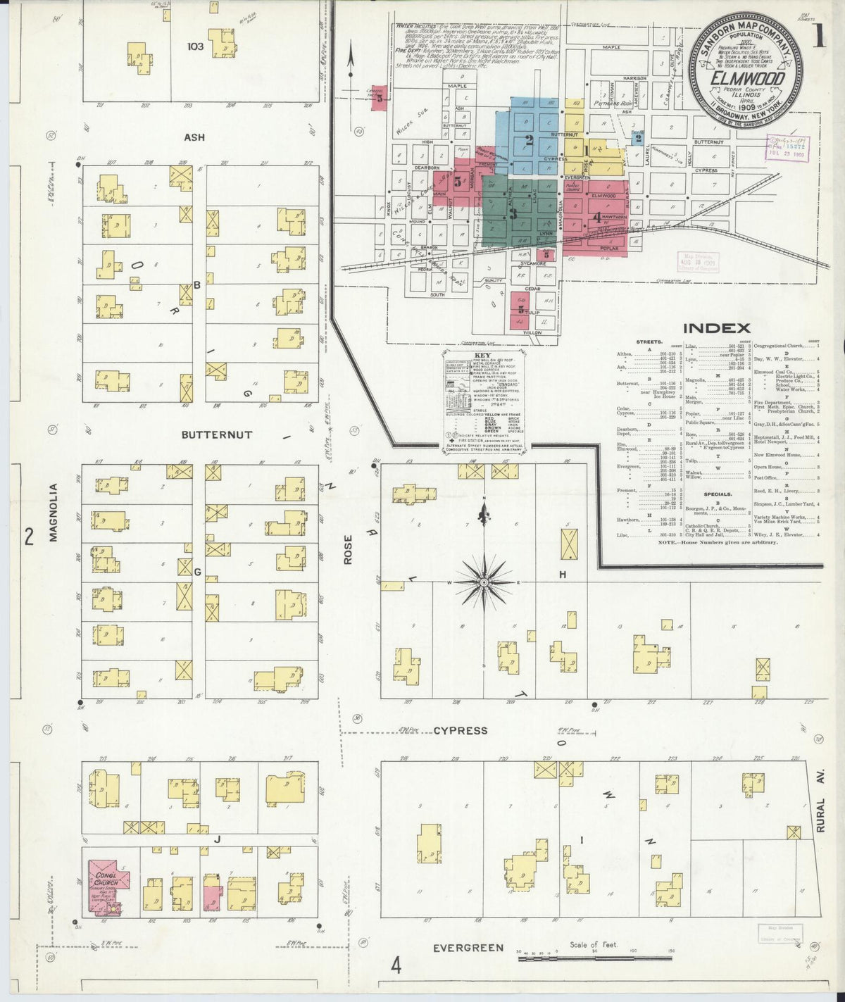 Sanborn Fire Insurance Map from Elmwood, Peoria County, Illinois (1909), Sheet #0001 - Historic Sanborn Fire Insurance Map Print, vintage old map wall art, antique decor, genealogy gift, Illinois Illinois map