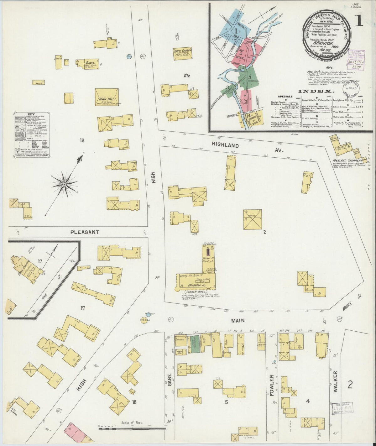 Sanborn Fire Insurance Map from Bridgton, Cumberland County, Maine (1901), Sheet #0001 - Historic Sanborn Fire Insurance Map Print, vintage old map wall art, antique decor, genealogy gift, Maine Maine map