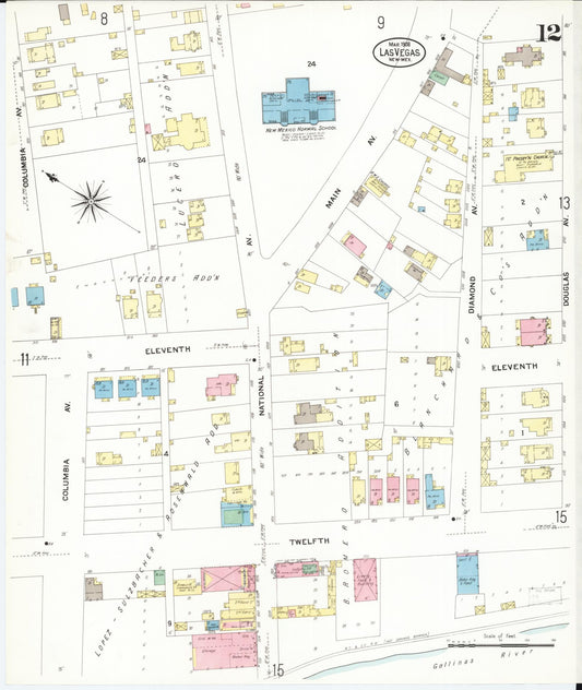 Sanborn Fire Insurance Map from Las Vegas, San Miguel County, New Mexico (1908), Sheet #0012 - Historic Sanborn Fire Insurance Map Print, vintage old map wall art, antique decor, genealogy gift, New Mexico New Mexico map
