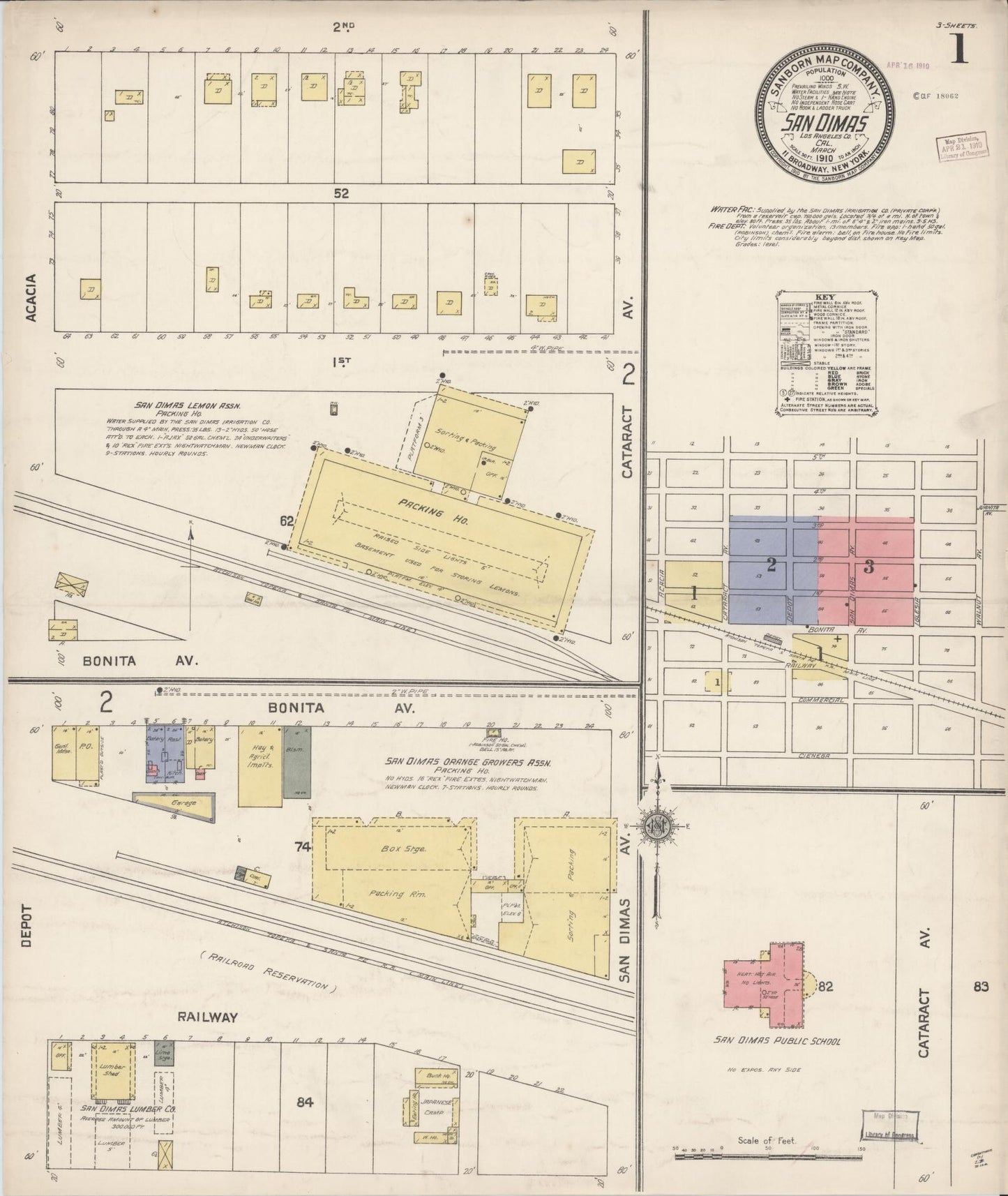 Sanborn Fire Insurance Map from San Dimas, Los Angeles County, California (1910), Sheet #0001 - Complete Map Set gallery image, historic Sanborn map, vintage wall art, California California
