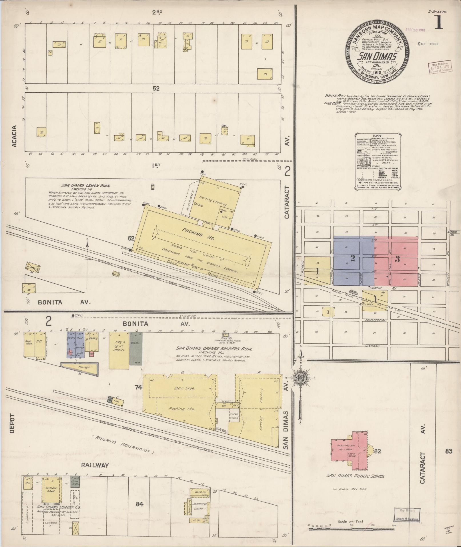 Sanborn Fire Insurance Map from San Dimas, Los Angeles County, California (1910), Sheet #0001 - Complete Map Set gallery image, historic Sanborn map, vintage wall art, California California