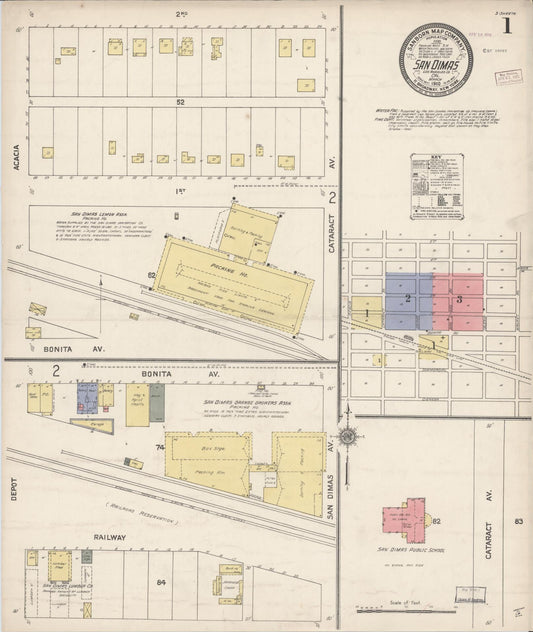 Sanborn Fire Insurance Map from San Dimas, Los Angeles County, California (1910), Sheet #0001 - Complete Map Set gallery image, historic Sanborn map, vintage wall art, California California