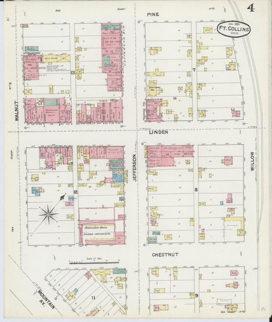 Sanborn Fire Insurance Map from Fort Collins, Larimer County, Colorado (1891), Sheet #0004 - Historic Sanborn Fire Insurance Map Print, vintage old map wall art, antique decor, genealogy gift, Colorado Colorado map
