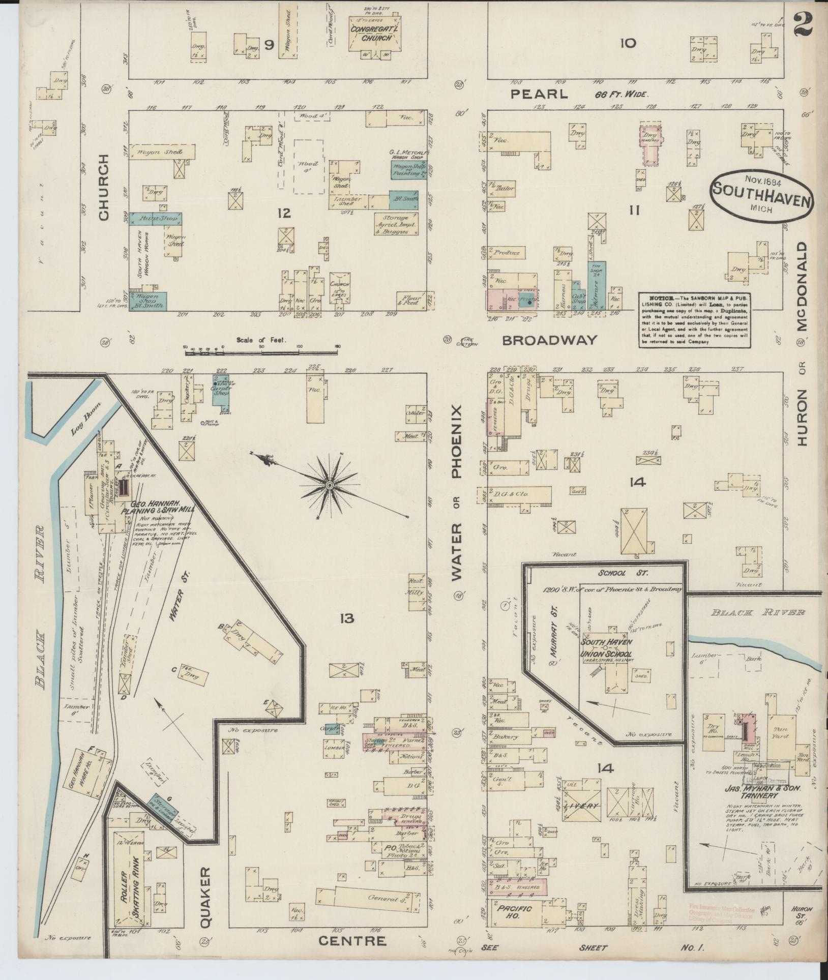 Sanborn Fire Insurance Map from South Haven, Van Buren County, Michigan (1884), Sheet #0002 - Historic Sanborn Fire Insurance Map Print, vintage old map wall art, antique decor, genealogy gift, Michigan Michigan map