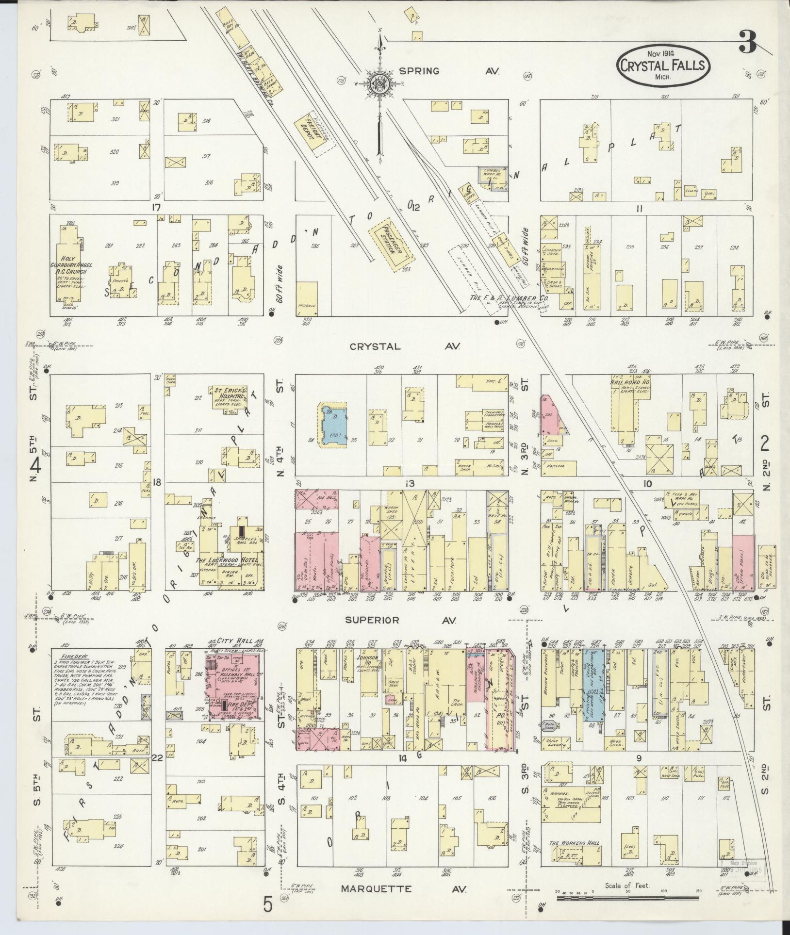 Sanborn Fire Insurance Map from Crystal Falls, Iron County, Michigan (1914), Sheet #0003 - Complete Map Set gallery image, historic Sanborn map, vintage wall art, Michigan Michigan