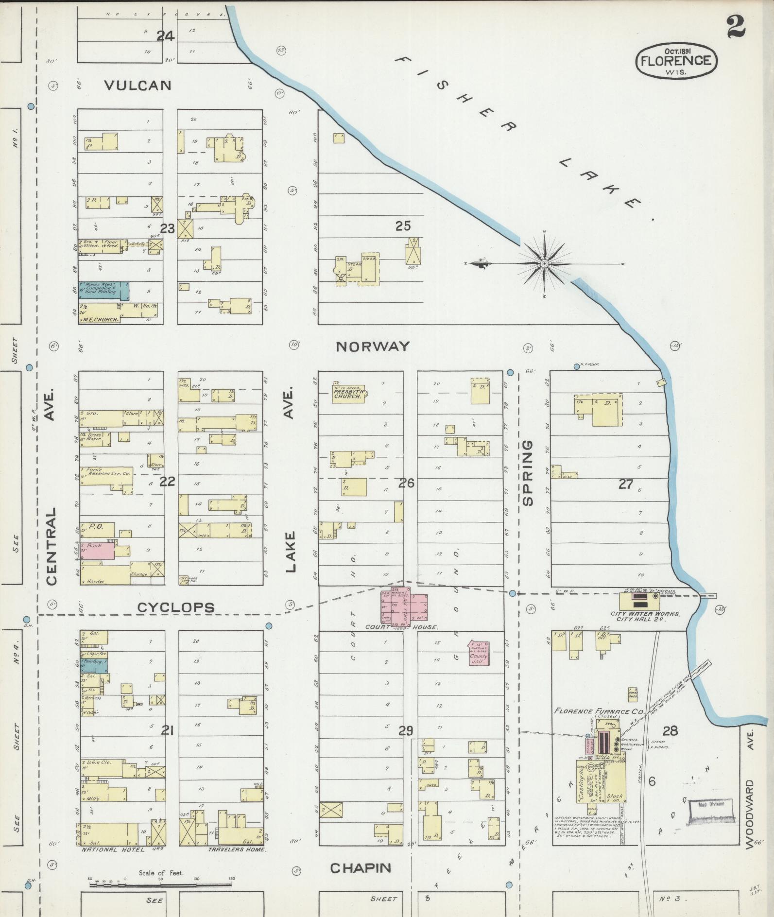 Sanborn Fire Insurance Map from Florence, Florence County, Wisconsin (1891), Sheet #0002 - Historic Sanborn Fire Insurance Map Print, vintage old map wall art, antique decor, genealogy gift, Wisconsin Wisconsin map