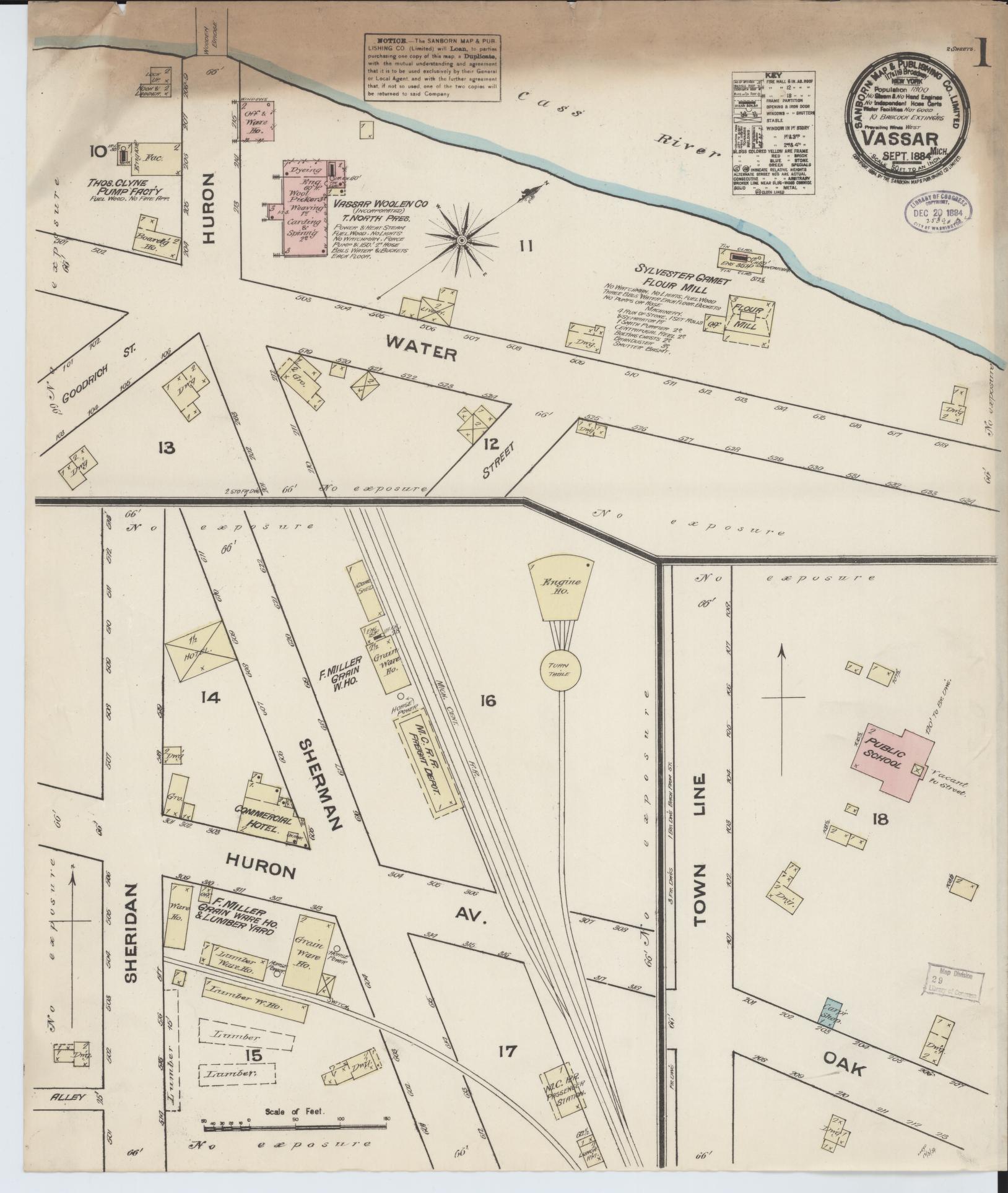 Sanborn Fire Insurance Map from Vassar, Tuscola County, Michigan (1884), Sheet #0001 - Complete Map Set gallery image, historic Sanborn map, vintage wall art, Michigan Michigan