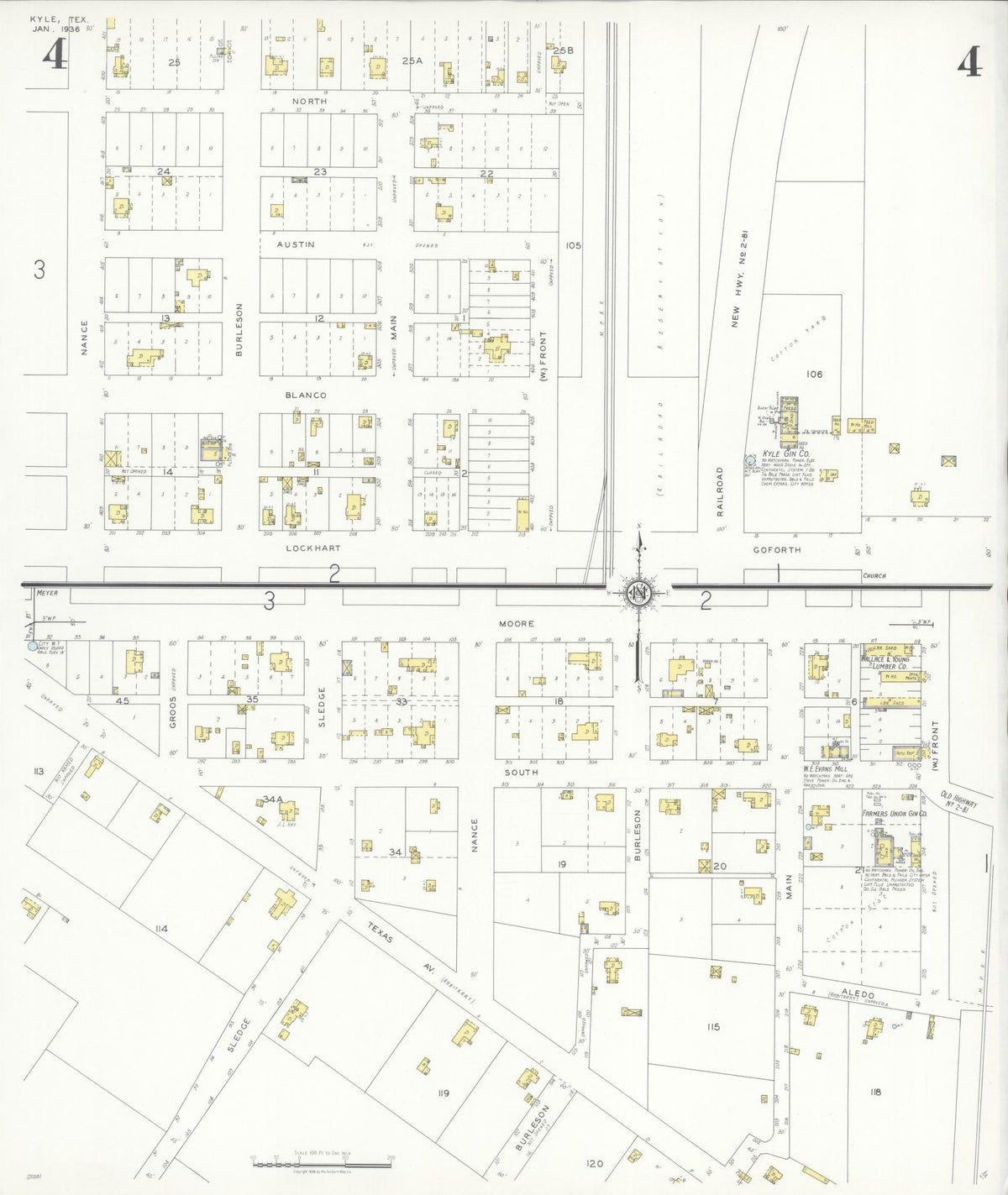 Sanborn Fire Insurance Map from Kyle, Hays County, Texas (1936), Sheet #0004 - Complete Map Set gallery image, historic Sanborn map, vintage wall art, Texas Texas