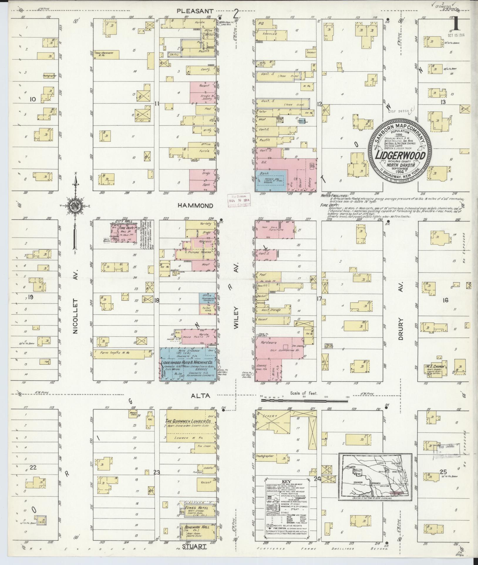 Sanborn Fire Insurance Map from Lidgerwood, Richland County, North Dakota (1914), Sheet #0001 - Complete Map Set gallery image, historic Sanborn map, vintage wall art, North Dakota North Dakota