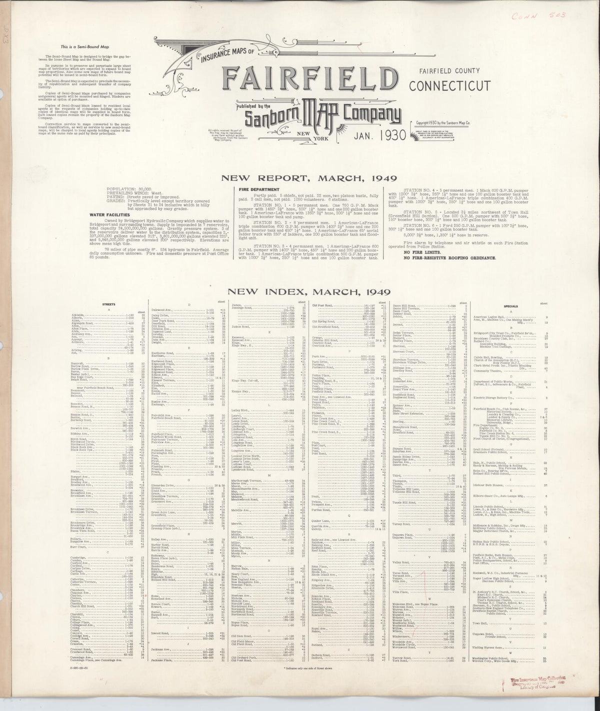 Sanborn Fire Insurance Map from Fairfield, Fairfield County, Connecticut (1949), Sheet #0001 - Historic Sanborn Fire Insurance Map Print, vintage old map wall art, antique decor, genealogy gift, Connecticut Connecticut map
