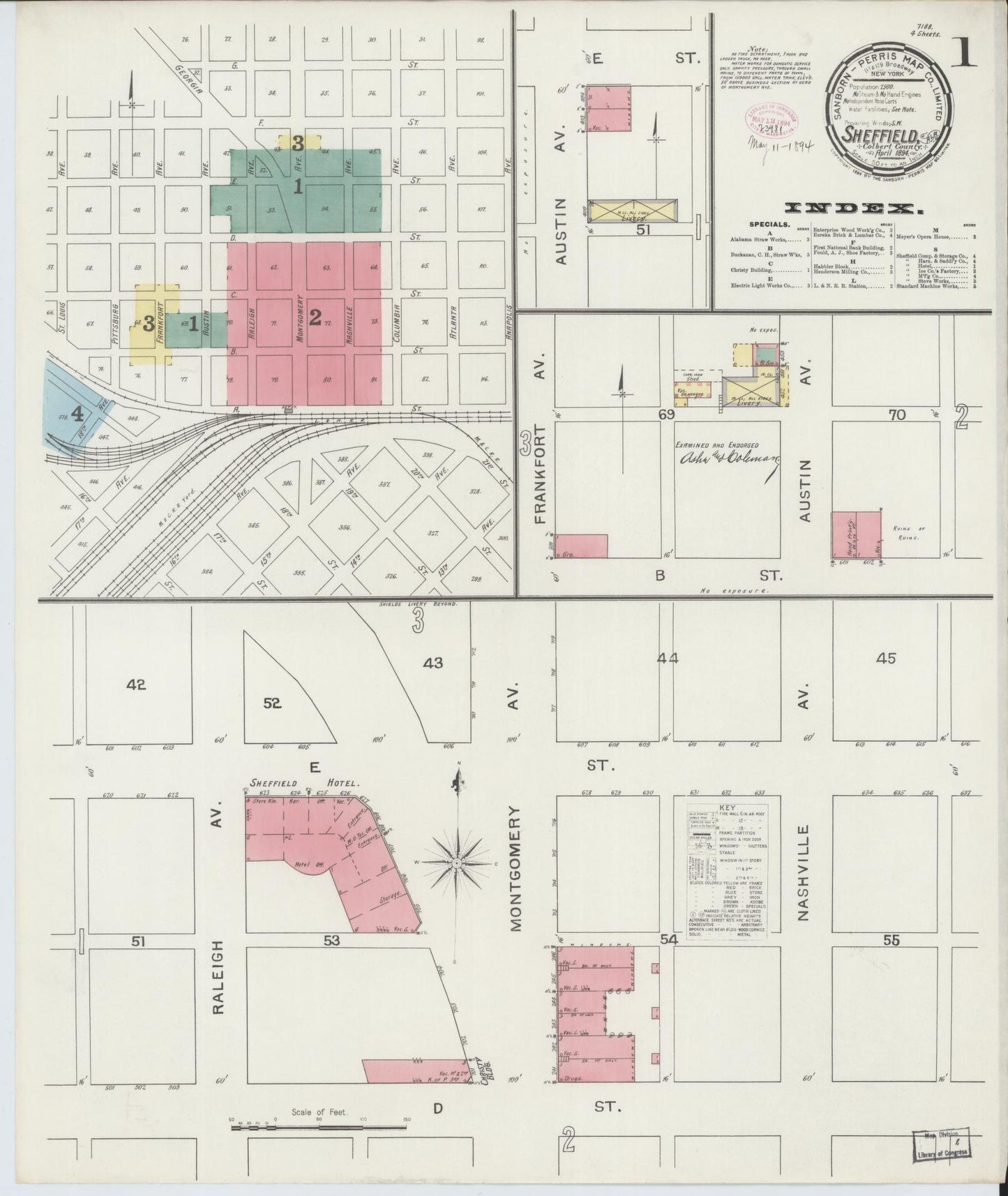Sanborn Fire Insurance Map from Sheffield, Colbert County, Alabama (1894), Sheet #0001 - Complete Map Set gallery image, historic Sanborn map, vintage wall art, Alabama Alabama