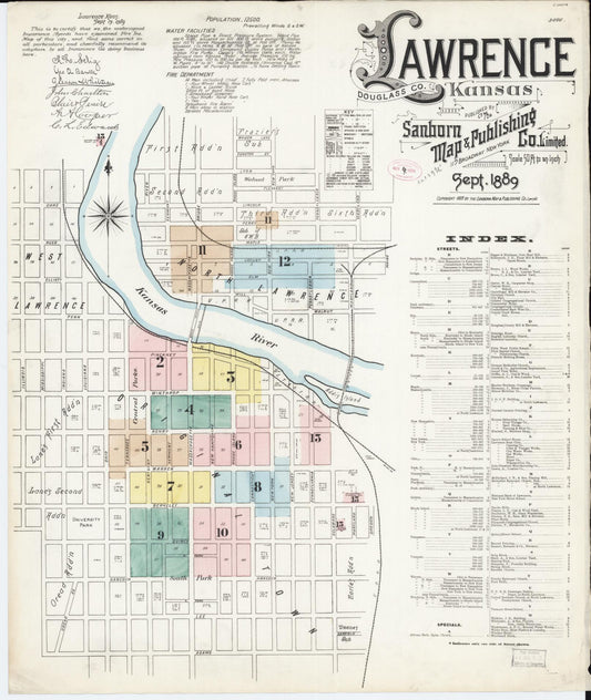 Sanborn Fire Insurance Map from Lawrence, Douglas County, Kansas (1889), Sheet #0001 - Historic Sanborn Fire Insurance Map Print, vintage old map wall art, antique decor, genealogy gift, Kansas Kansas map