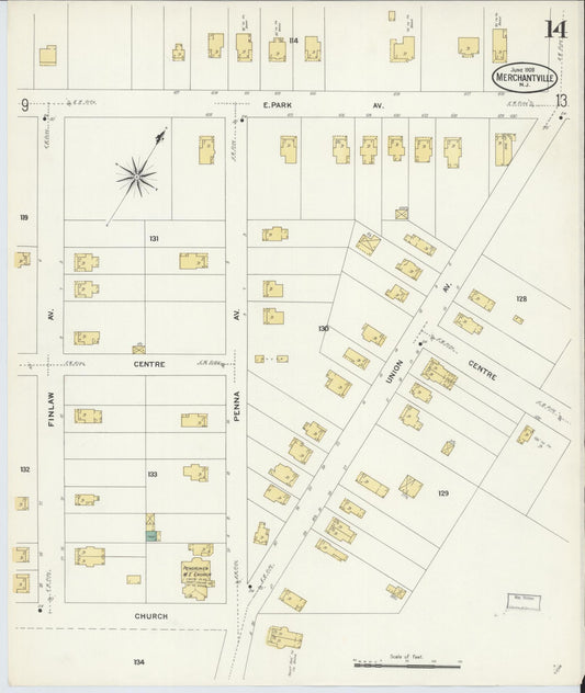 Sanborn Fire Insurance Map from Merchantville, Camden County, New Jersey (1908), Sheet #0014 - Historic Sanborn Fire Insurance Map Print, vintage old map wall art, antique decor, genealogy gift, New Jersey New Jersey map