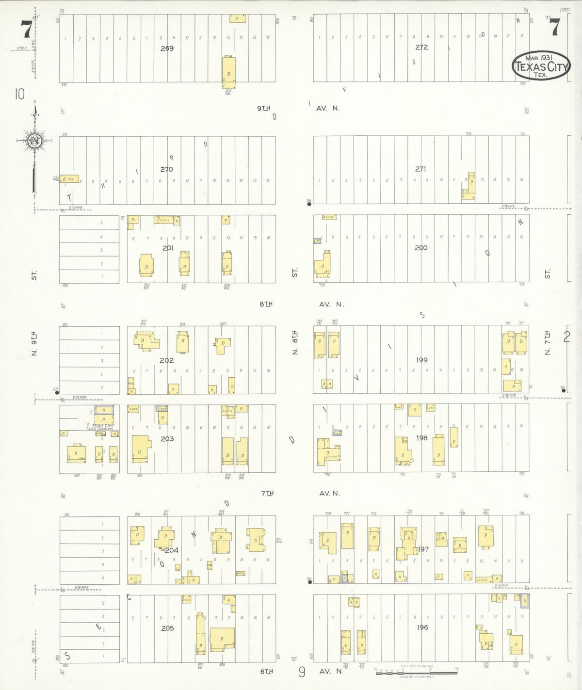 Sanborn Fire Insurance Map from Texas City, Galveston County, Texas (1931), Sheet #0007 - Historic Sanborn Fire Insurance Map Print, vintage old map wall art, antique decor, genealogy gift, Texas Texas map