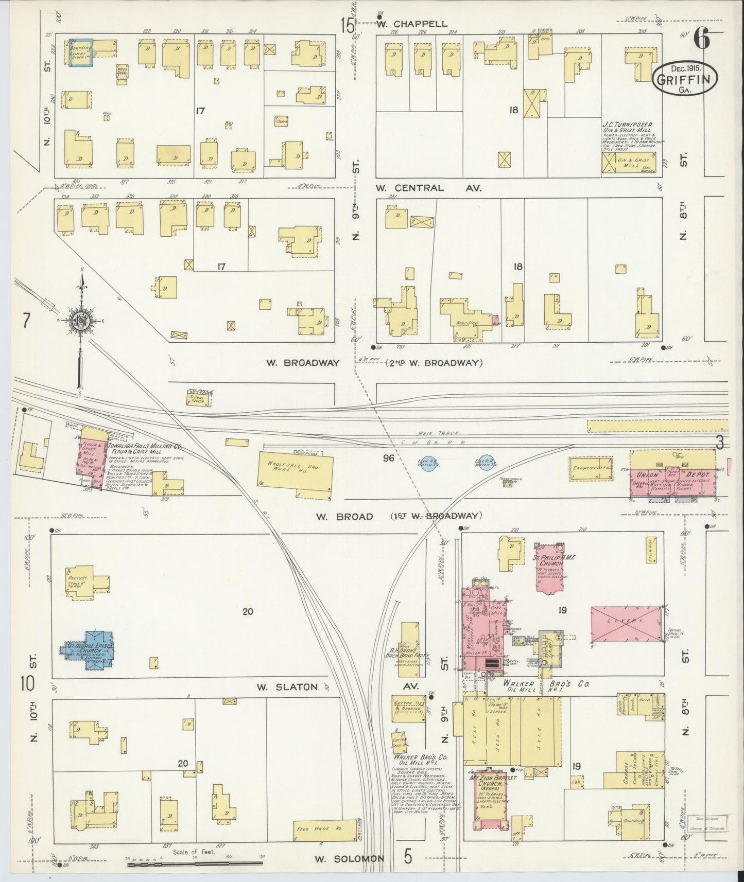 Sanborn Fire Insurance Map from Griffin, Spalding County, Georgia (1915), Sheet #0006 - Complete Map Set gallery image, historic Sanborn map, vintage wall art, Georgia Georgia