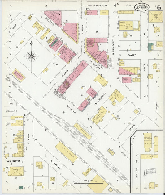 Sanborn Fire Insurance Map from Jennings, Jefferson Davis Parish, Louisiana (1909), Sheet #0006 - Historic Sanborn Fire Insurance Map Print, vintage old map wall art, antique decor, genealogy gift, Louisiana Louisiana map