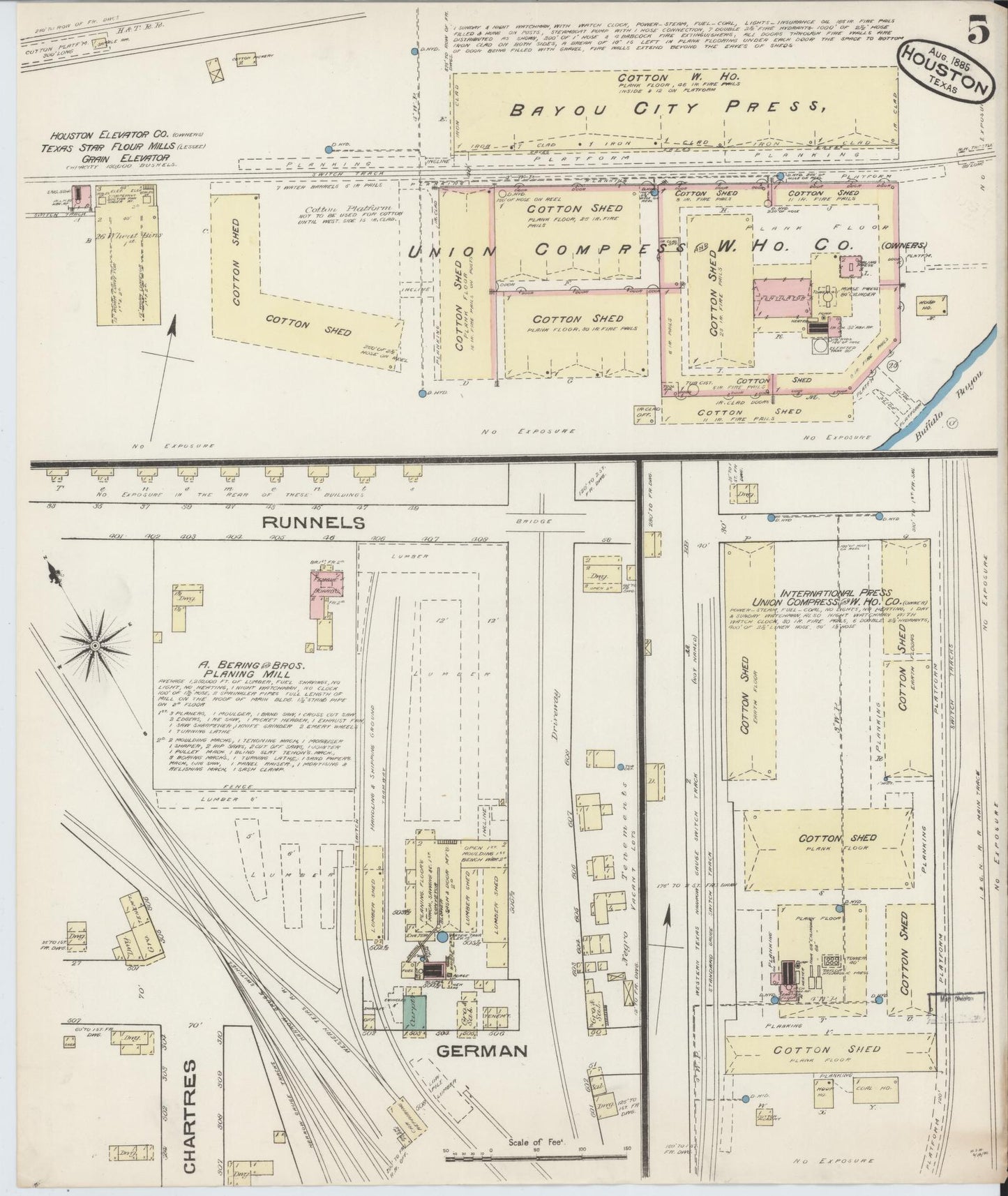 Sanborn Fire Insurance Map from Houston, Harris County, Texas (1885), Sheet #0005 - Historic Sanborn Fire Insurance Map Print, vintage old map wall art, antique decor, genealogy gift, Texas Texas map
