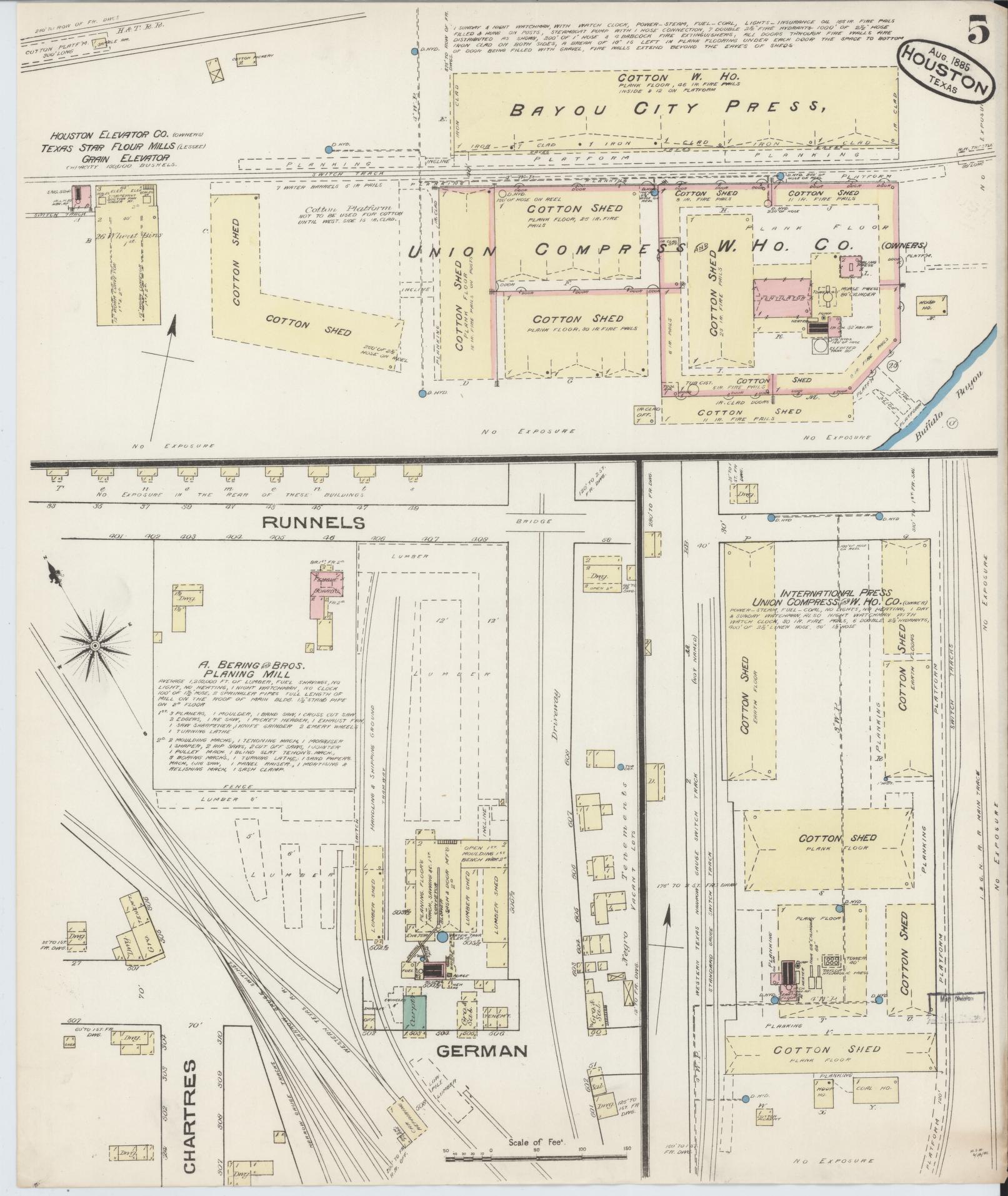 Sanborn Fire Insurance Map from Houston, Harris County, Texas (1885), Sheet #0005 - Historic Sanborn Fire Insurance Map Print, vintage old map wall art, antique decor, genealogy gift, Texas Texas map