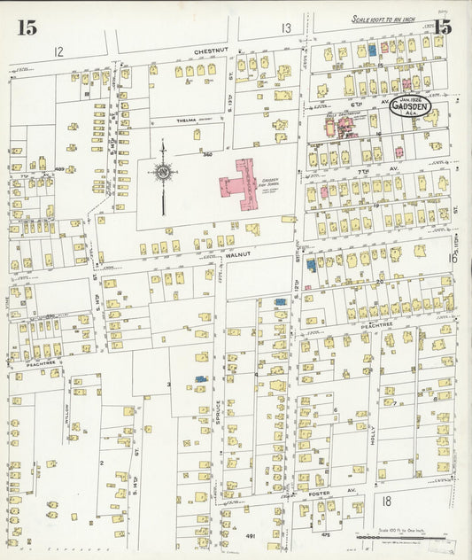 Sanborn Fire Insurance Map from Gadsden, Etowah County, Alabama (1926), Sheet #0015 - Historic Sanborn Fire Insurance Map Print, vintage old map wall art, antique decor, genealogy gift, Alabama Alabama map
