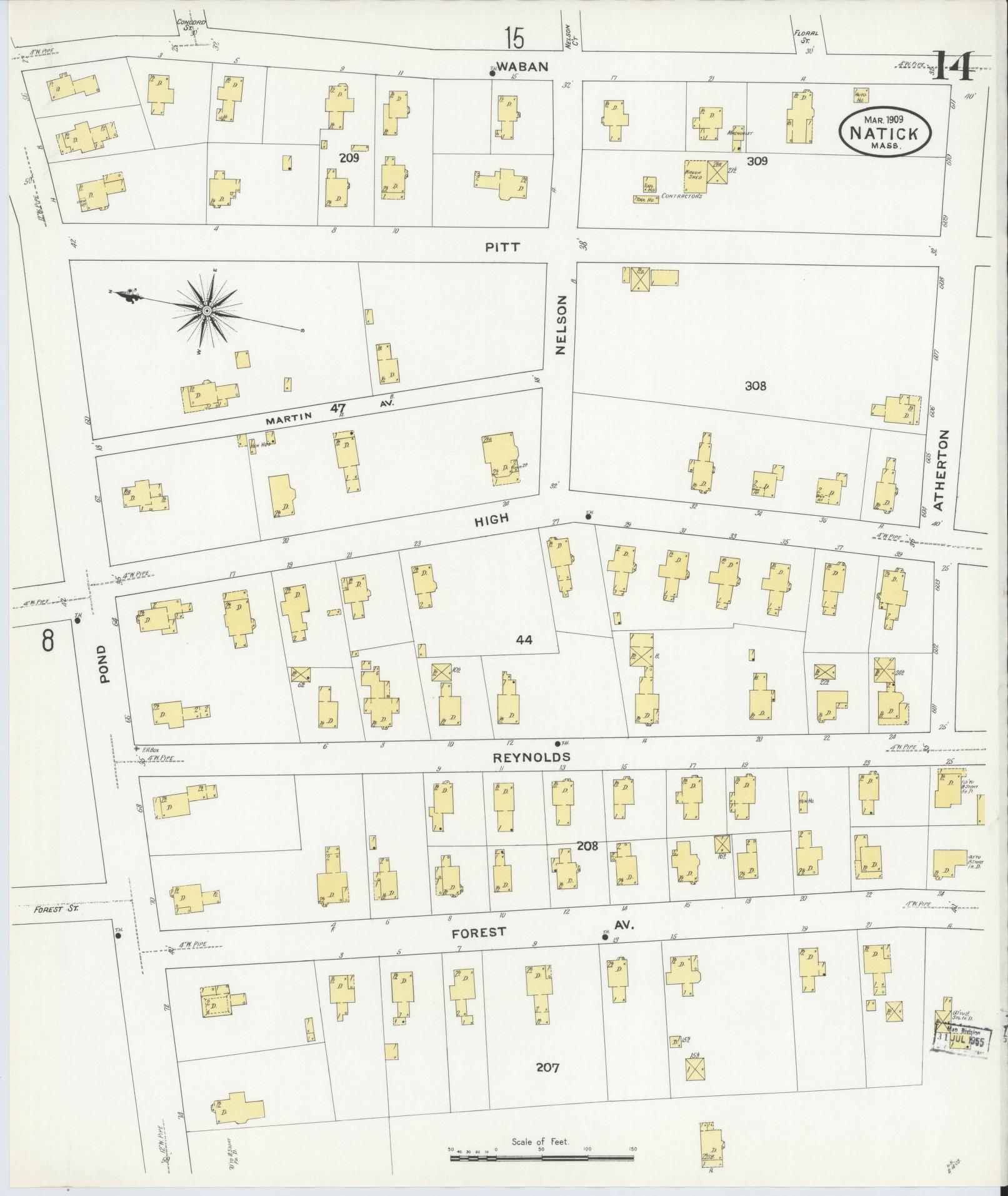 Sanborn Fire Insurance Map from Natick, Middlesex County, Massachusetts (1909), Sheet #0014 - Historic Sanborn Fire Insurance Map Print, vintage old map wall art, antique decor, genealogy gift, Massachusetts Massachusetts map
