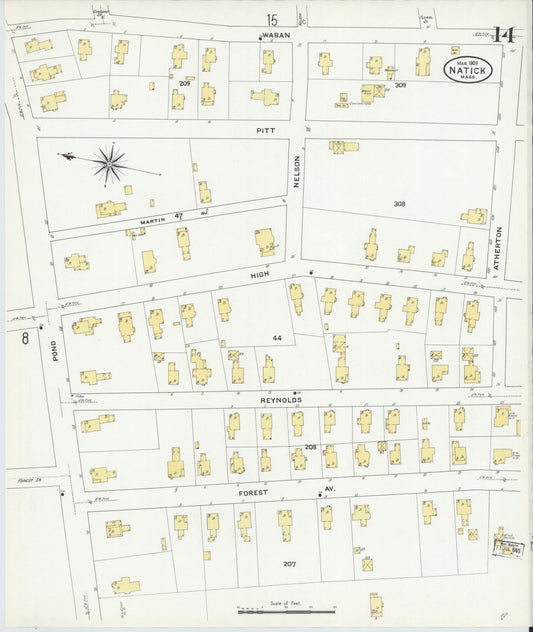 Sanborn Fire Insurance Map from Natick, Middlesex County, Massachusetts (1909), Sheet #0014 - Historic Sanborn Fire Insurance Map Print, vintage old map wall art, antique decor, genealogy gift, Massachusetts Massachusetts map