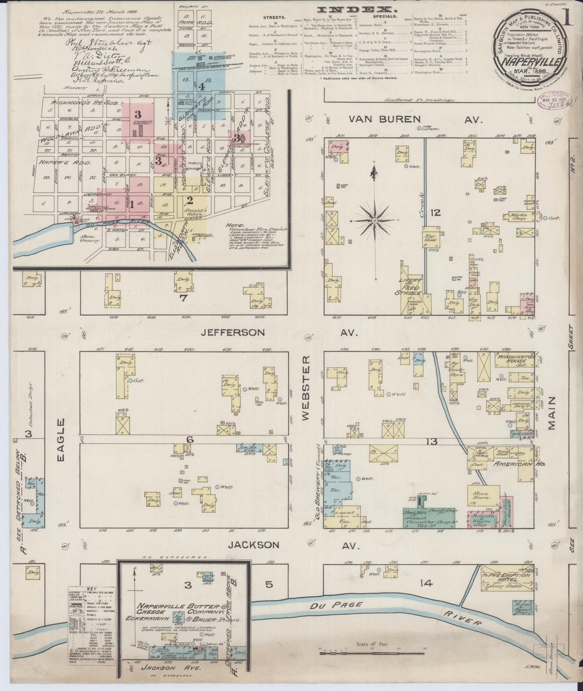Sanborn Fire Insurance Map from Naperville, Du Page County, Illinois (1886), Sheet #0001 - Historic Sanborn Fire Insurance Map Print, vintage old map wall art, antique decor, genealogy gift, Illinois Illinois map
