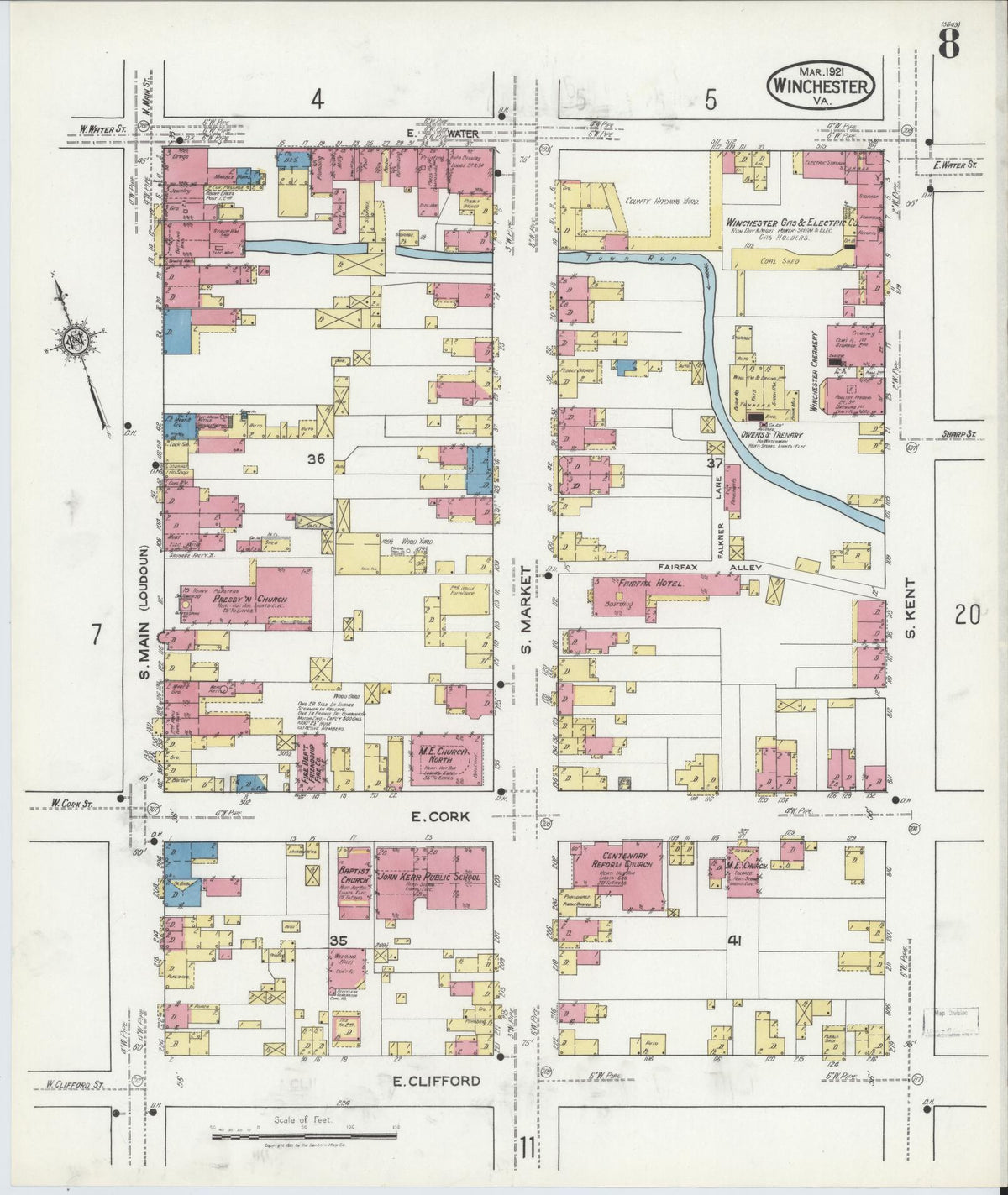 Sanborn Fire Insurance Map from Winchester, Independent Cities, Virginia (1921), Sheet #0008 - Historic Sanborn Fire Insurance Map Print, vintage old map wall art, antique decor, genealogy gift, Virginia Virginia map