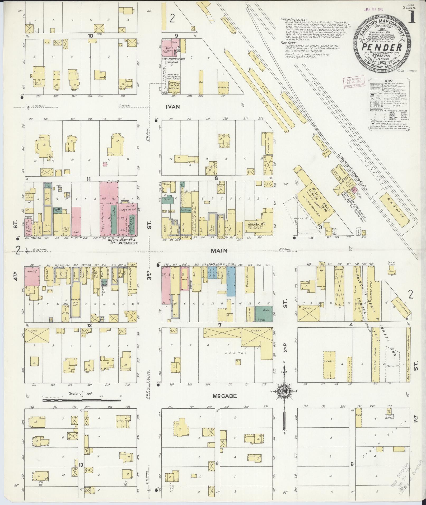 Sanborn Fire Insurance Map from Pender, Thurston County, Nebraska (1909), Sheet #0001 - Historic Sanborn Fire Insurance Map Print, vintage old map wall art, antique decor, genealogy gift, Nebraska Nebraska map
