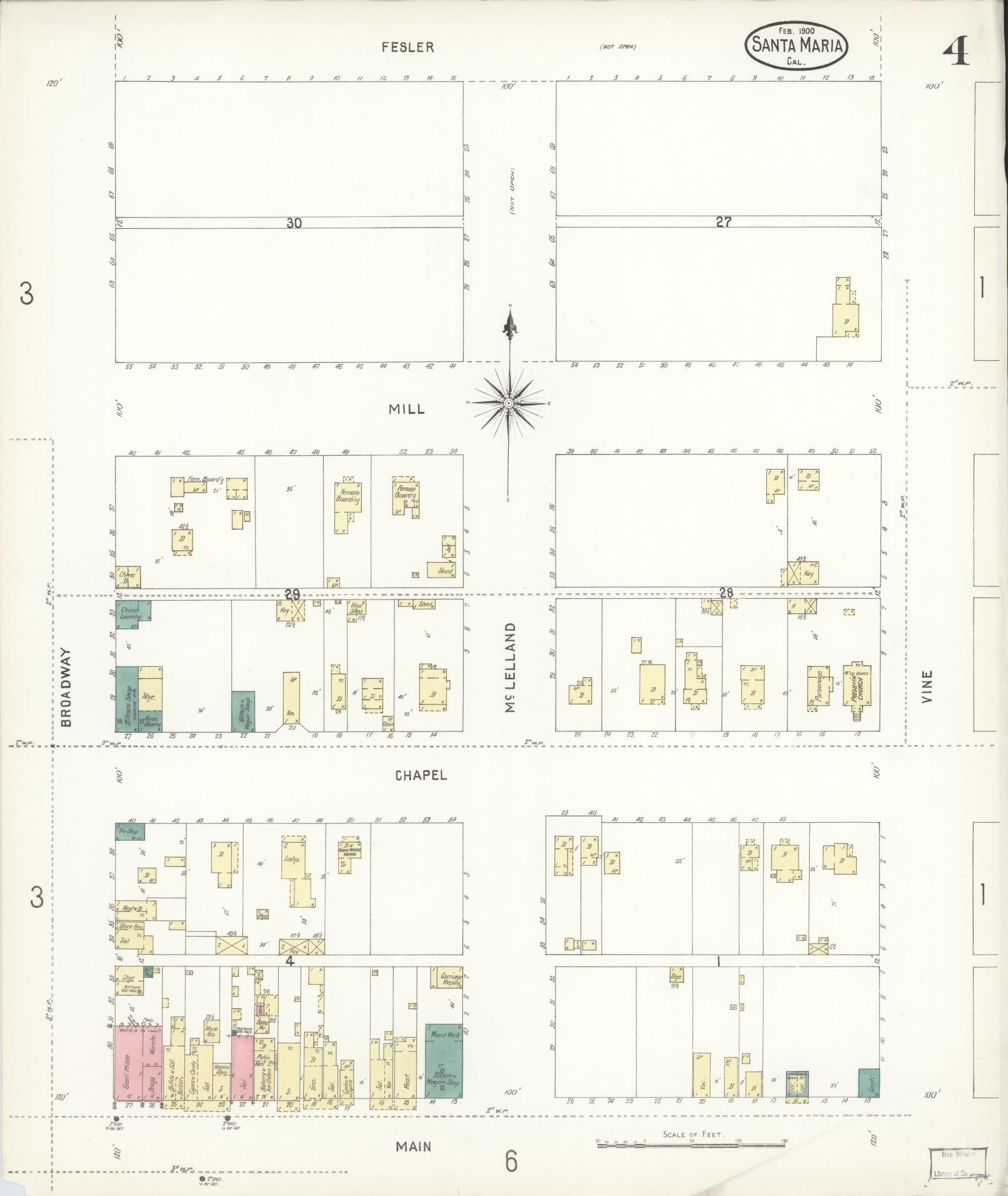 Sanborn Fire Insurance Map from Santa Maria, Santa Barbara County, California (1900), Sheet #0004 - Complete Map Set gallery image, historic Sanborn map, vintage wall art, California California