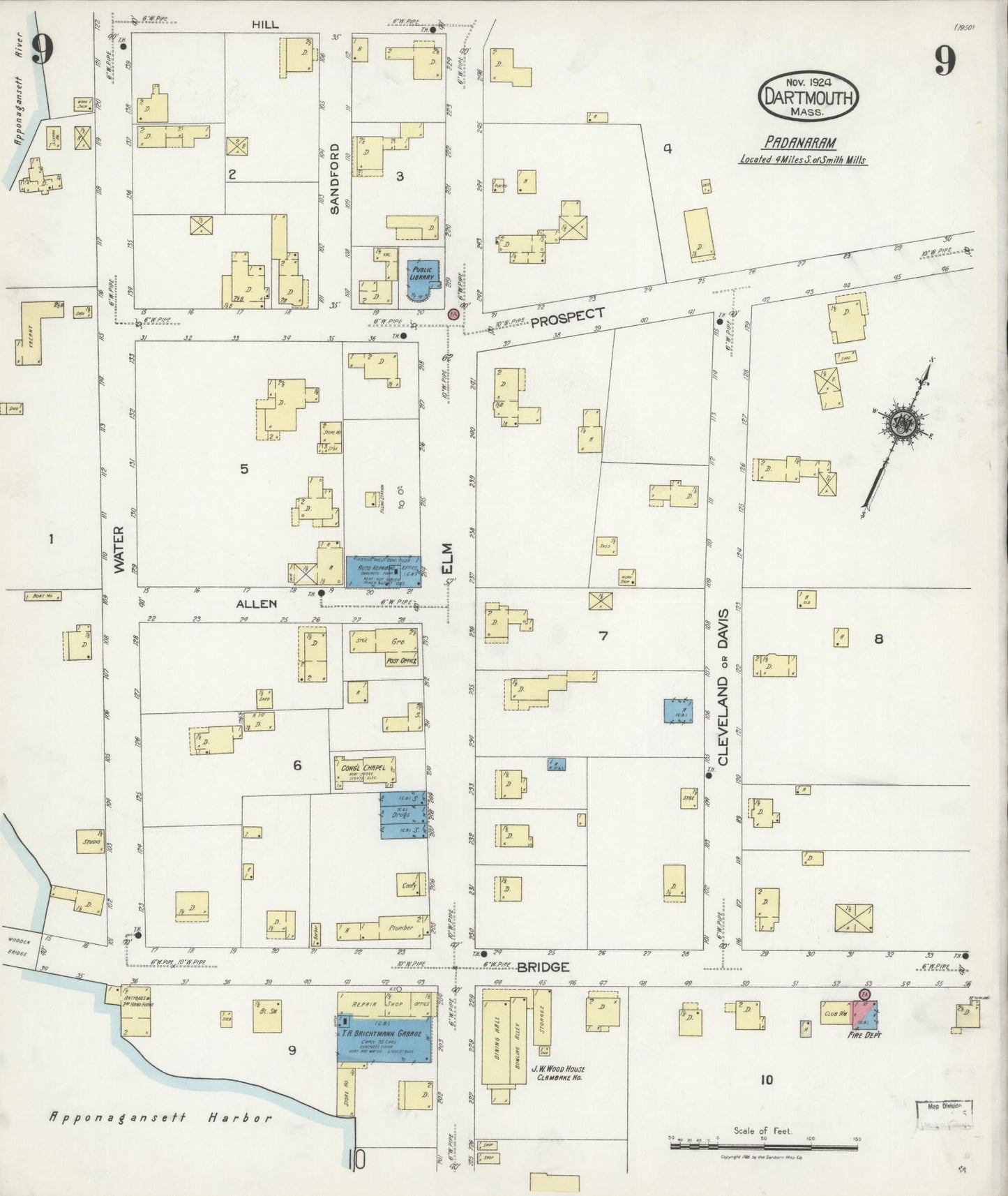 Sanborn Fire Insurance Map from Dartmouth, Bristol County, Massachusetts (1924), Sheet #0009 - Complete Map Set gallery image, historic Sanborn map, vintage wall art, Massachusetts Massachusetts