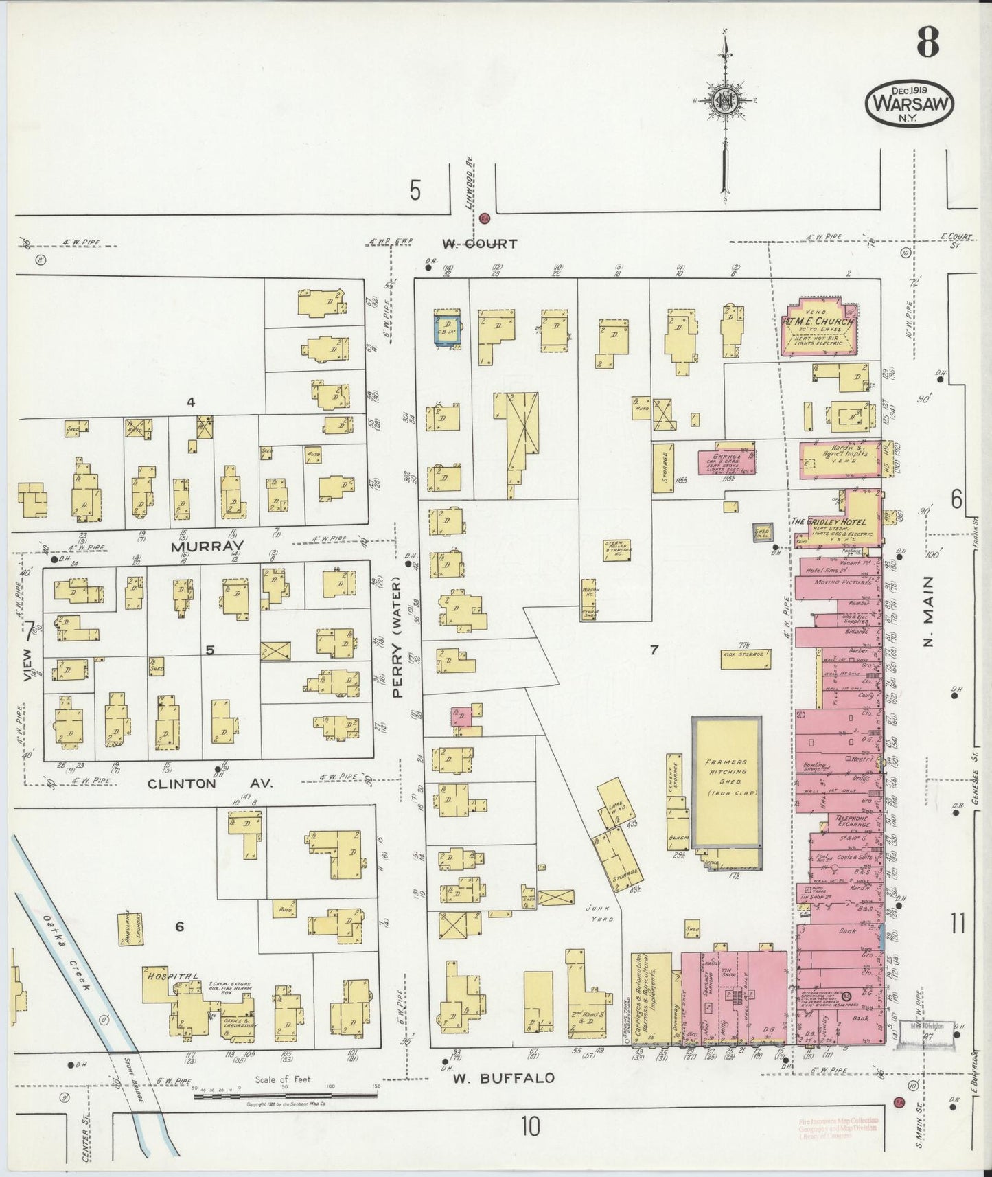 Sanborn Fire Insurance Map from Warsaw, Wyoming County, New York (1919), Sheet #0008 - Complete Map Set gallery image, historic Sanborn map, vintage wall art, Warsaw Wyoming