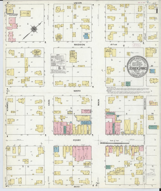 Sanborn Fire Insurance Map from Berrien Springs, Berrien County, Michigan (1909), Sheet #0001 - Complete Map Set gallery image, historic Sanborn map, vintage wall art, Michigan Michigan
