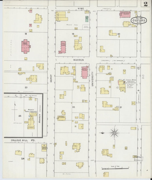 Sanborn Fire Insurance Map from Oxford, Lafayette County, Mississippi (1895), Sheet #0002 - Historic Sanborn Fire Insurance Map Print, vintage old map wall art, antique decor, genealogy gift, Mississippi Mississippi map