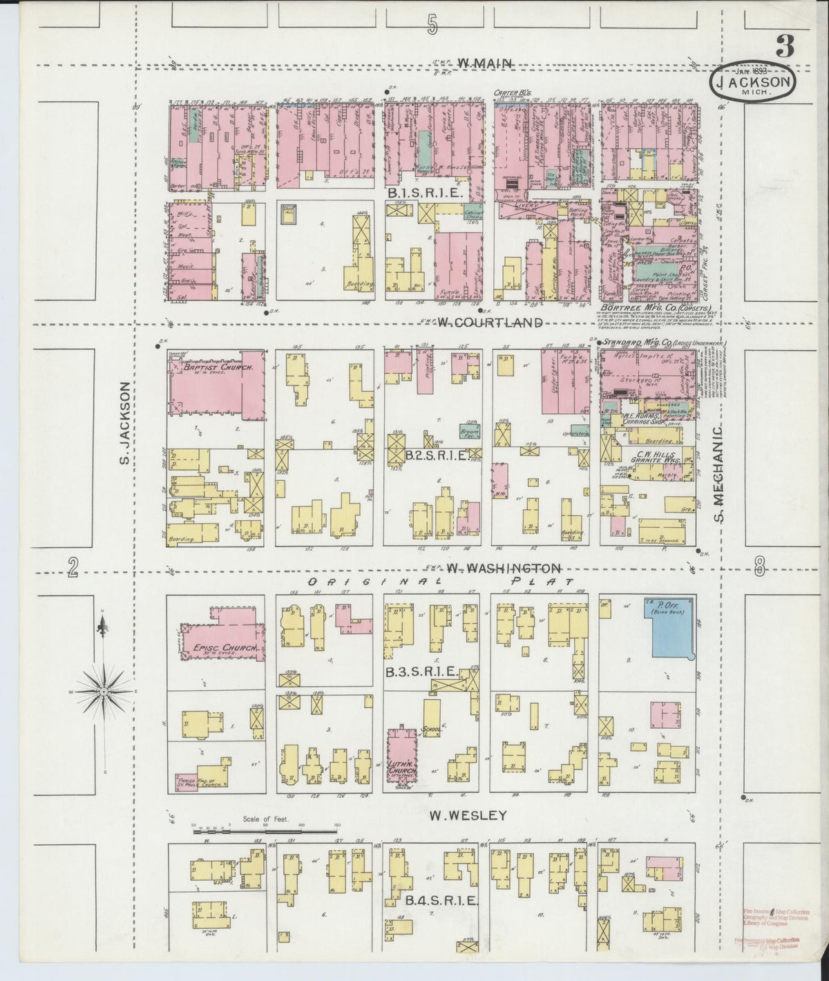 Sanborn Fire Insurance Map from Jackson, Jackson County, Michigan (1893), Sheet #0003 - Historic Sanborn Fire Insurance Map Print, vintage old map wall art, antique decor, genealogy gift, Michigan Michigan map