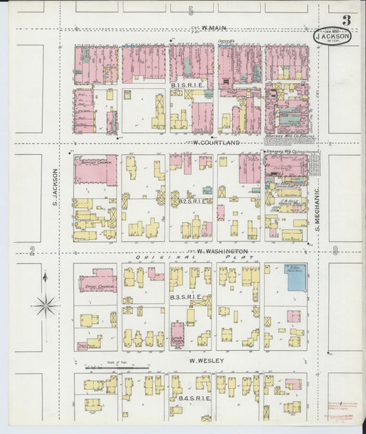 Sanborn Fire Insurance Map from Jackson, Jackson County, Michigan (1893), Sheet #0003 - Historic Sanborn Fire Insurance Map Print, vintage old map wall art, antique decor, genealogy gift, Michigan Michigan map