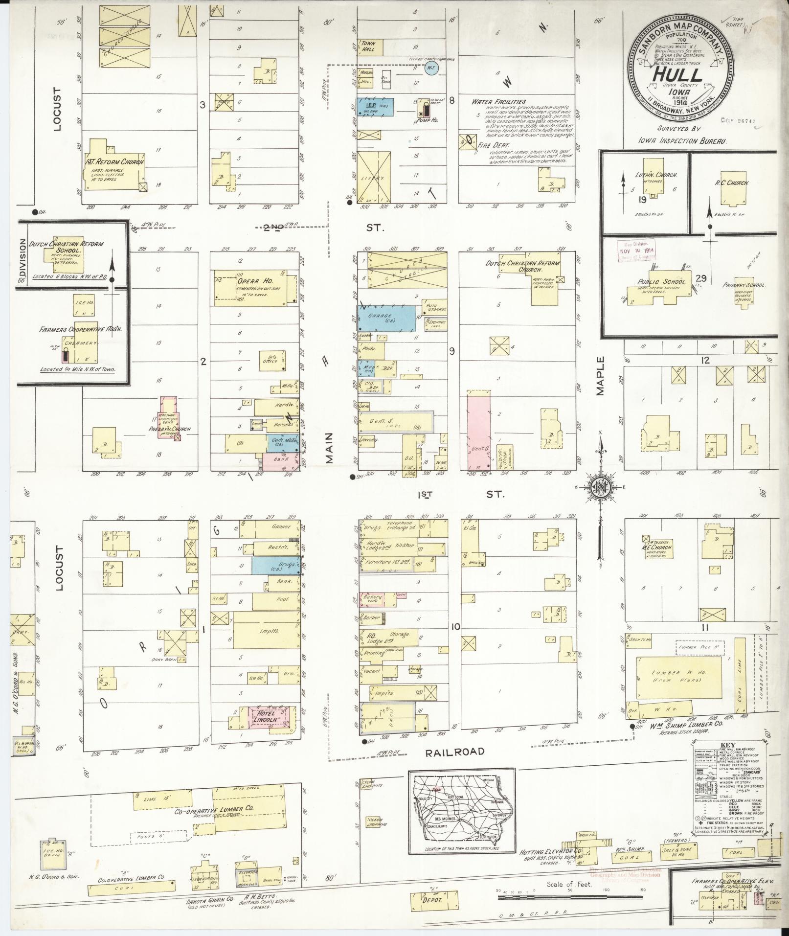 Sanborn Fire Insurance Map from Hull, Sioux County, Iowa (1914), Sheet #0001 - Historic Sanborn Fire Insurance Map Print, vintage old map wall art
