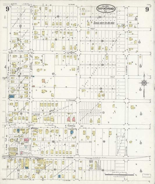Sanborn Fire Insurance Map from Tarpon Springs, Pinellas County, Florida (1926), Sheet #0009 - Historic Sanborn Fire Insurance Map Print, vintage old map wall art, antique decor, genealogy gift, Florida Florida map