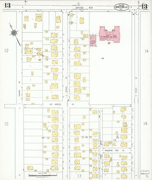 Sanborn Fire Insurance Map from Montebello, Los Angeles County, California (1925), Sheet #0013 - Historic Sanborn Fire Insurance Map Print, vintage old map wall art, antique decor, genealogy gift, California California map